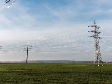 Strommasten auf einem grünen Feld Strommasten auf einem grünen Feld